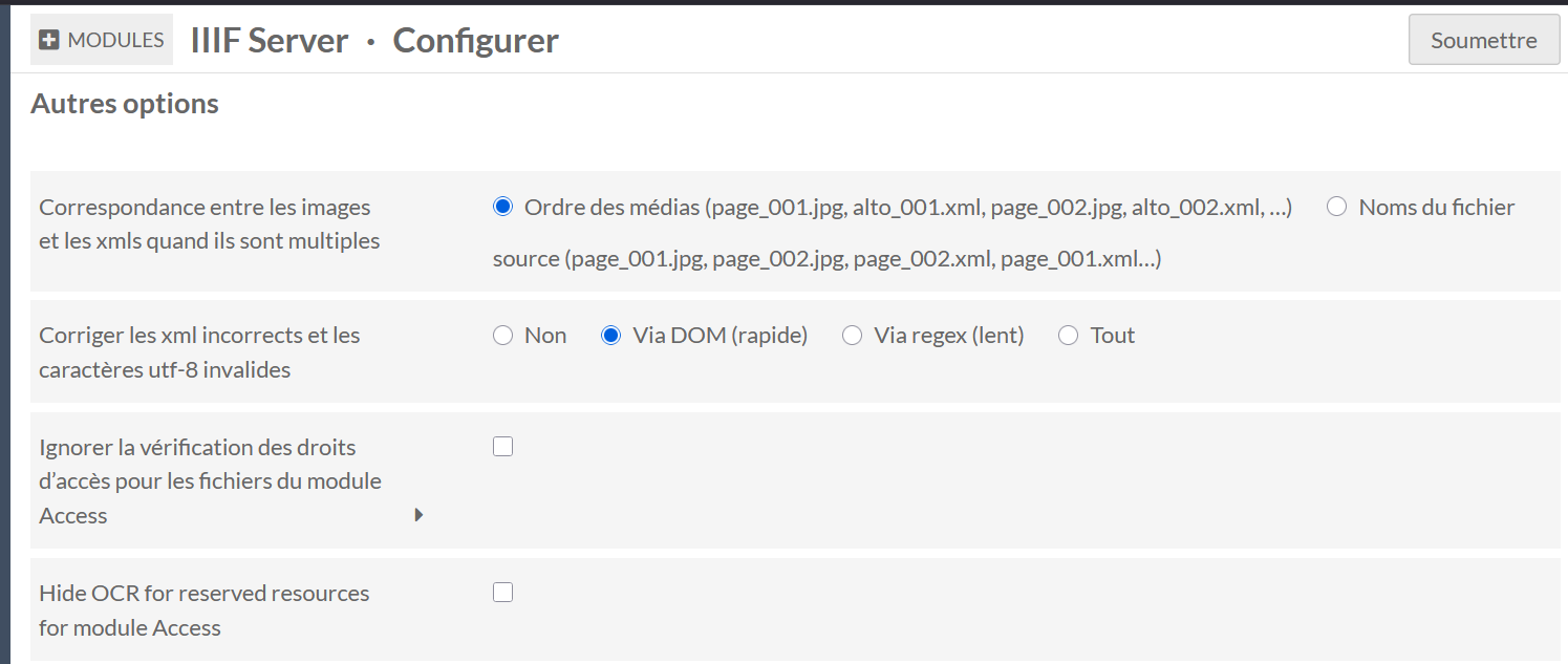 Capture d’écran du menu de configuration d’IIIF Server.