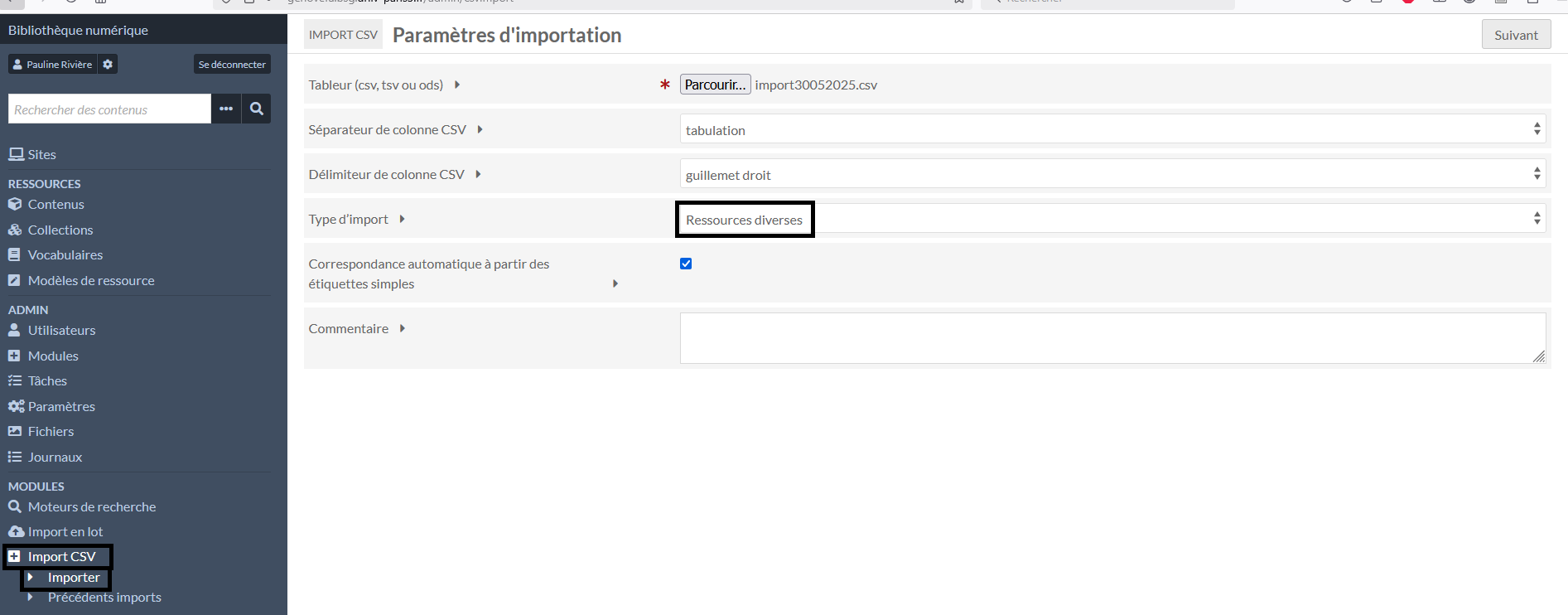 1ère étape de l’import