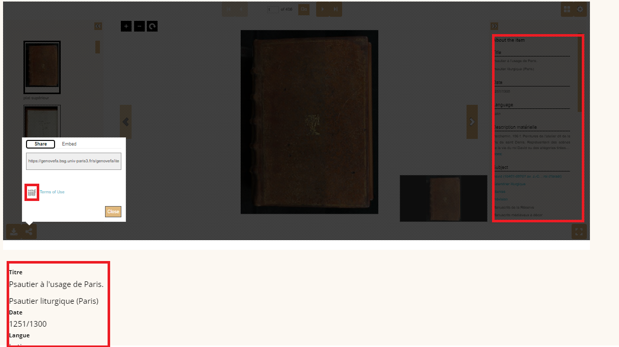 Exemple de visionneuse une source extérieure (images sur un serveur tiers IIIF ou sur un serveur IIIF type Cantaloupe) avec des métadonnées en Dublin Core dans Omeka, dans la visionneuse et dans le Manifeste IIIF